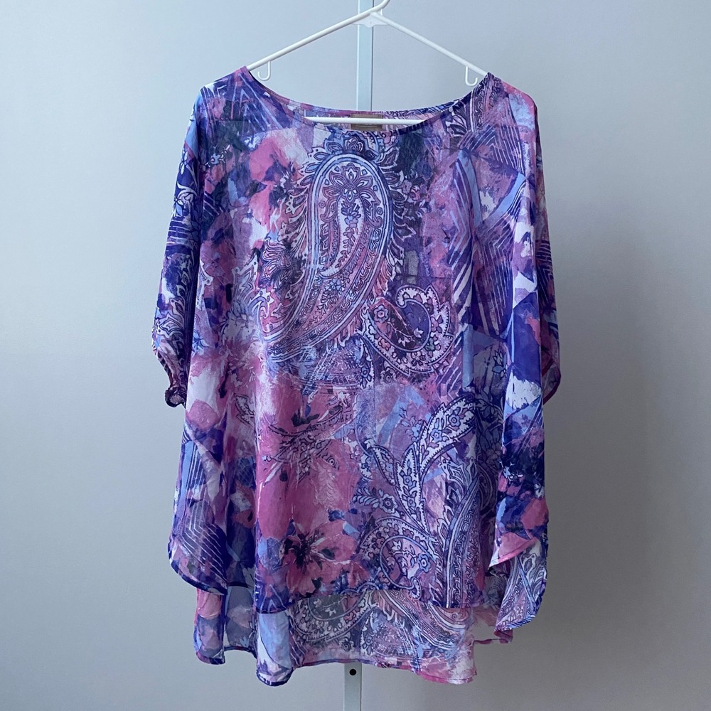 Chico's Boho Flowy Beachy Relaxed Shabby Paisley Sheer Poncho Blouse S/M Purple